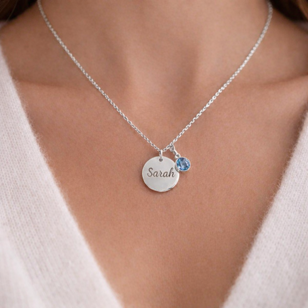 Collier personnalisé médaille ronde gravée pierre de naissance