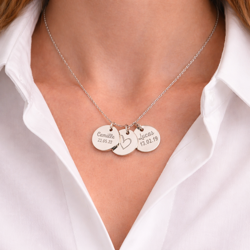 Collier personnalisé médailles rondes gravées