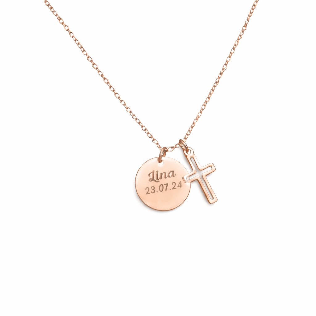Collier Personnalisé médaille ronde Gravée Croix – Cadeau Baptême, Naissance, Communion