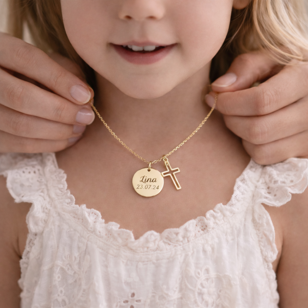 Collier Personnalisé médaille ronde Gravée Croix – Cadeau Baptême, Naissance, Communion