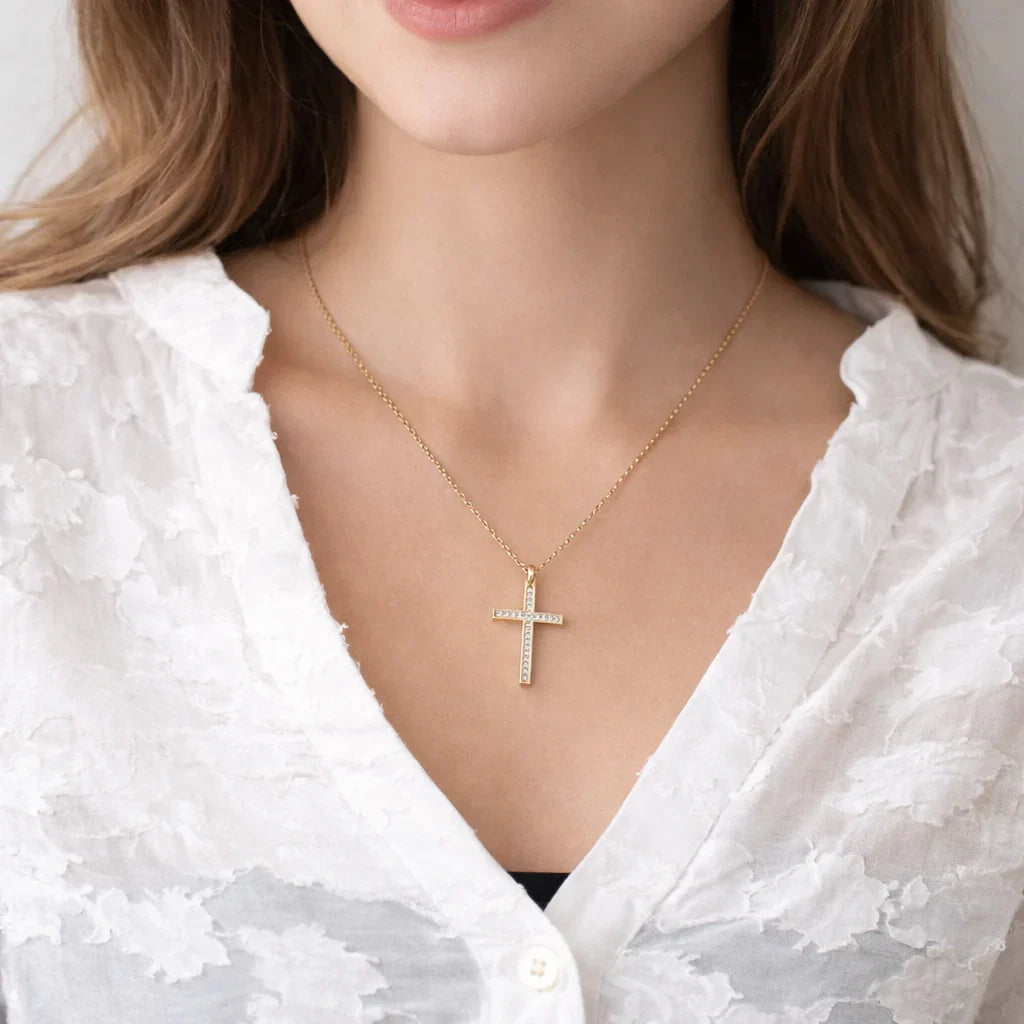 Collier croix chrétienne or strass acier inoxydable femme