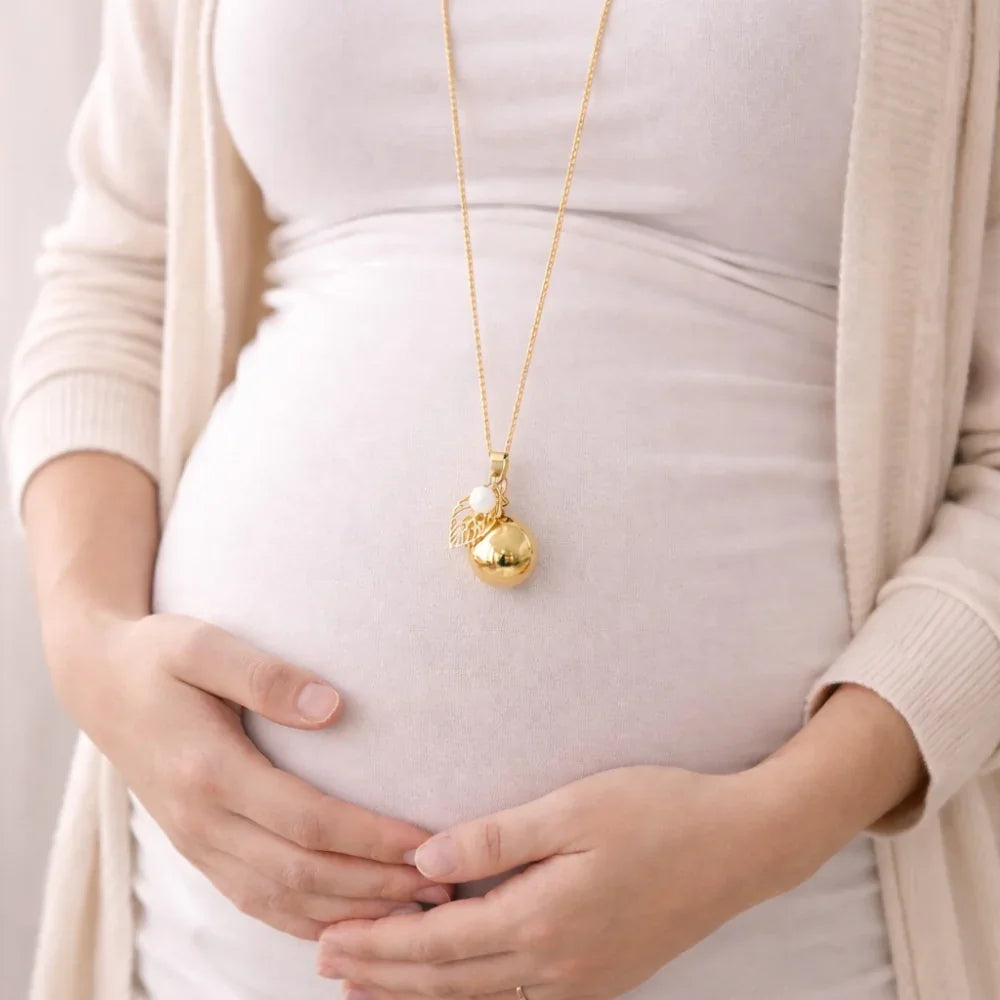 Bola de grossesse lisse or jaune breloque feuille perle pierre de lune Bola de grossesse lisse or jaune breloque feuille perle pierre de lune - Maille simple / Labradorite | Creabibenval
