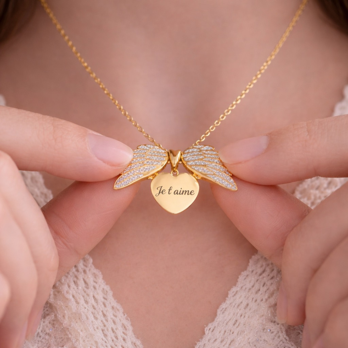 Collier personnalisé médaille gravée ailes d'ange strass