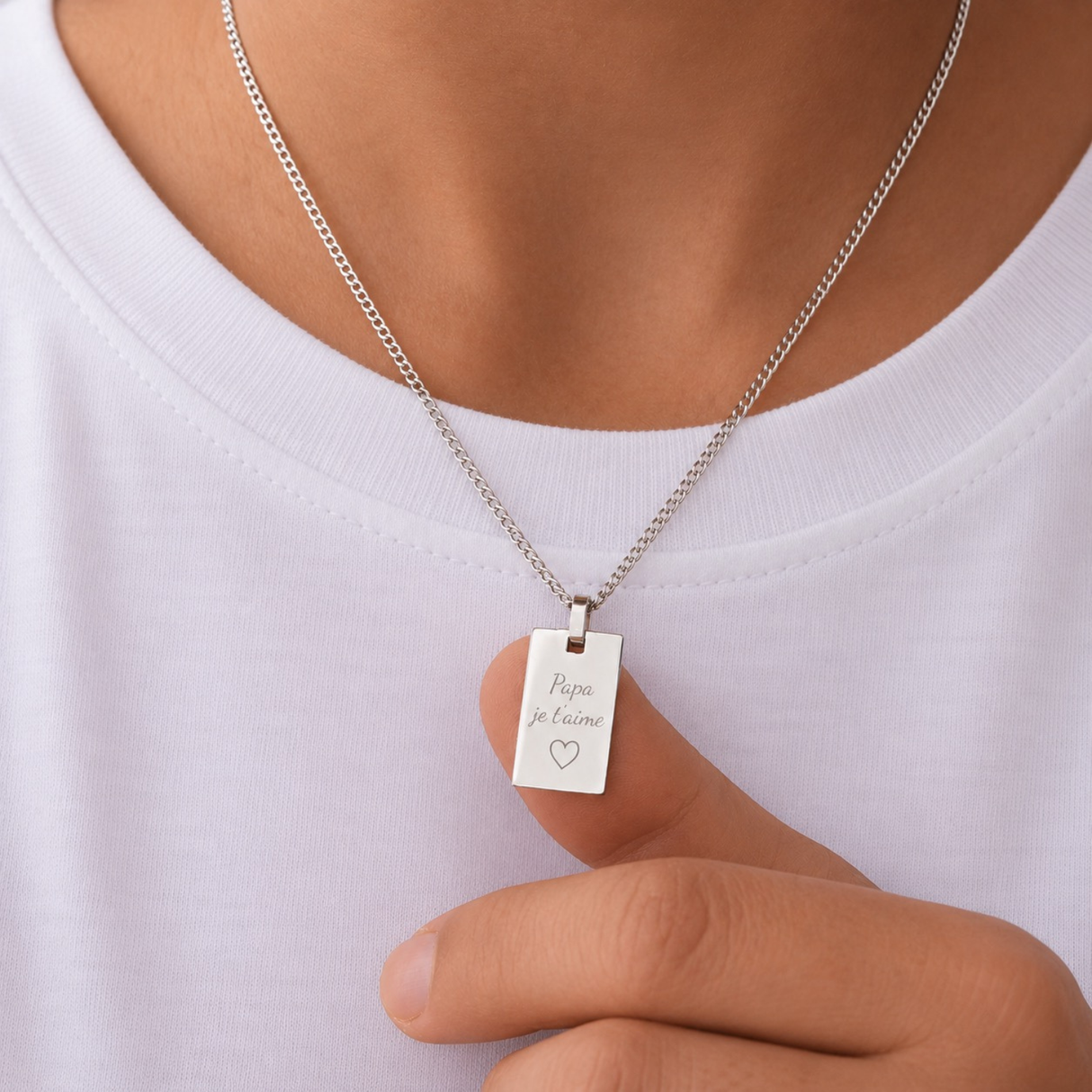 Collier personnalisé Homme médaille rectangle gravée acier inoxydable