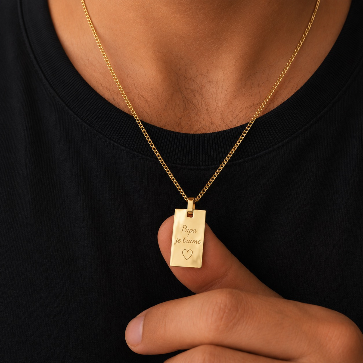 Collier personnalisé Homme médaille rectangle gravée acier inoxydable