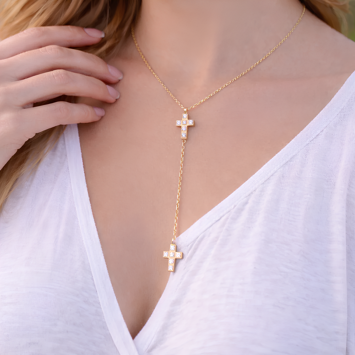 Collier croix en Y avec strass en acier inoxydable Collier croix en Y avec strass en acier inoxydable - Doré | Creabibenval