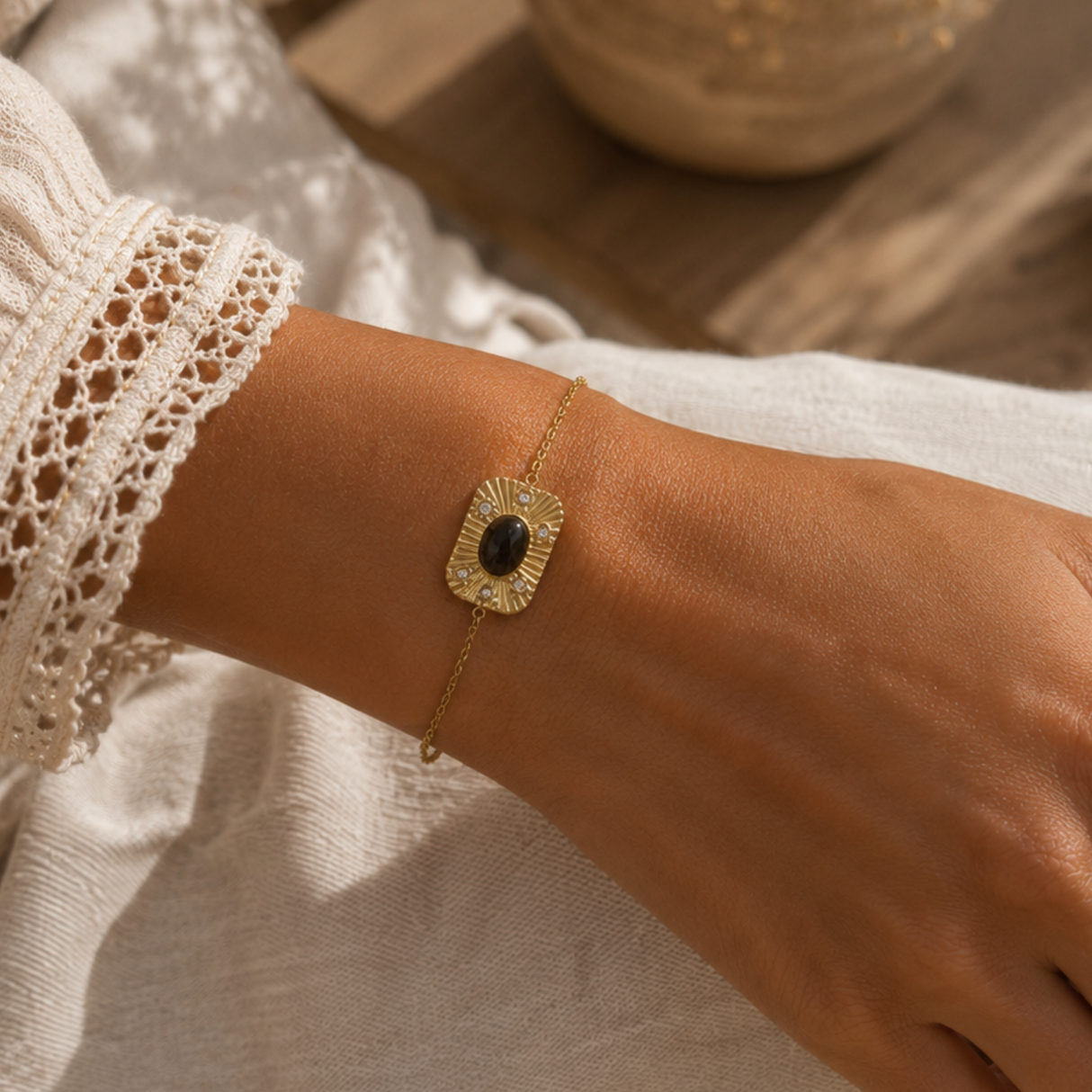 Bracelet avec médaille rectangulaire pierre naturelle strass en acier inoxydable