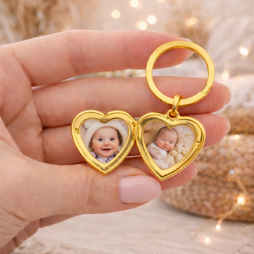 Porte-clés photo personnalisé médaillon coeur motif gravé acier inoxydable