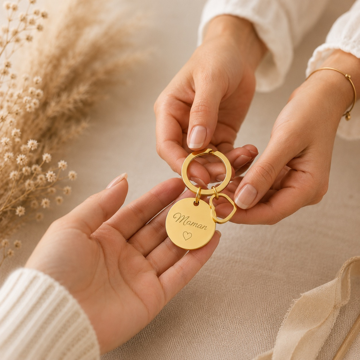 Porte-clés personnalisé médaille gravée coeur en acier inoxydable