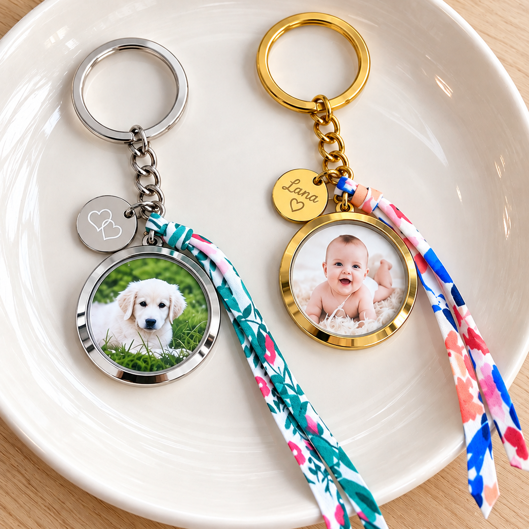 Porte-clés photo personnalisé médaillon rond avec médaille gravée en acier inoxydable cordon liberty