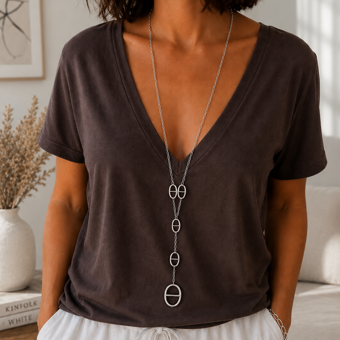 Sautoir collier Y long maille épaisse marine en acier inoxydable
