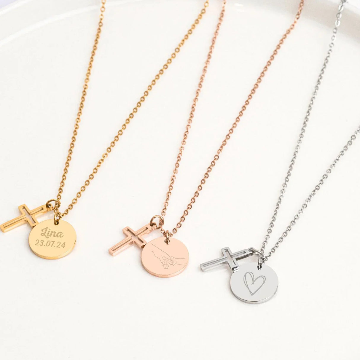 Collier croix chrétienne médaille à graver 15mm pendentif en acier inoxydable pour femme ou enfant