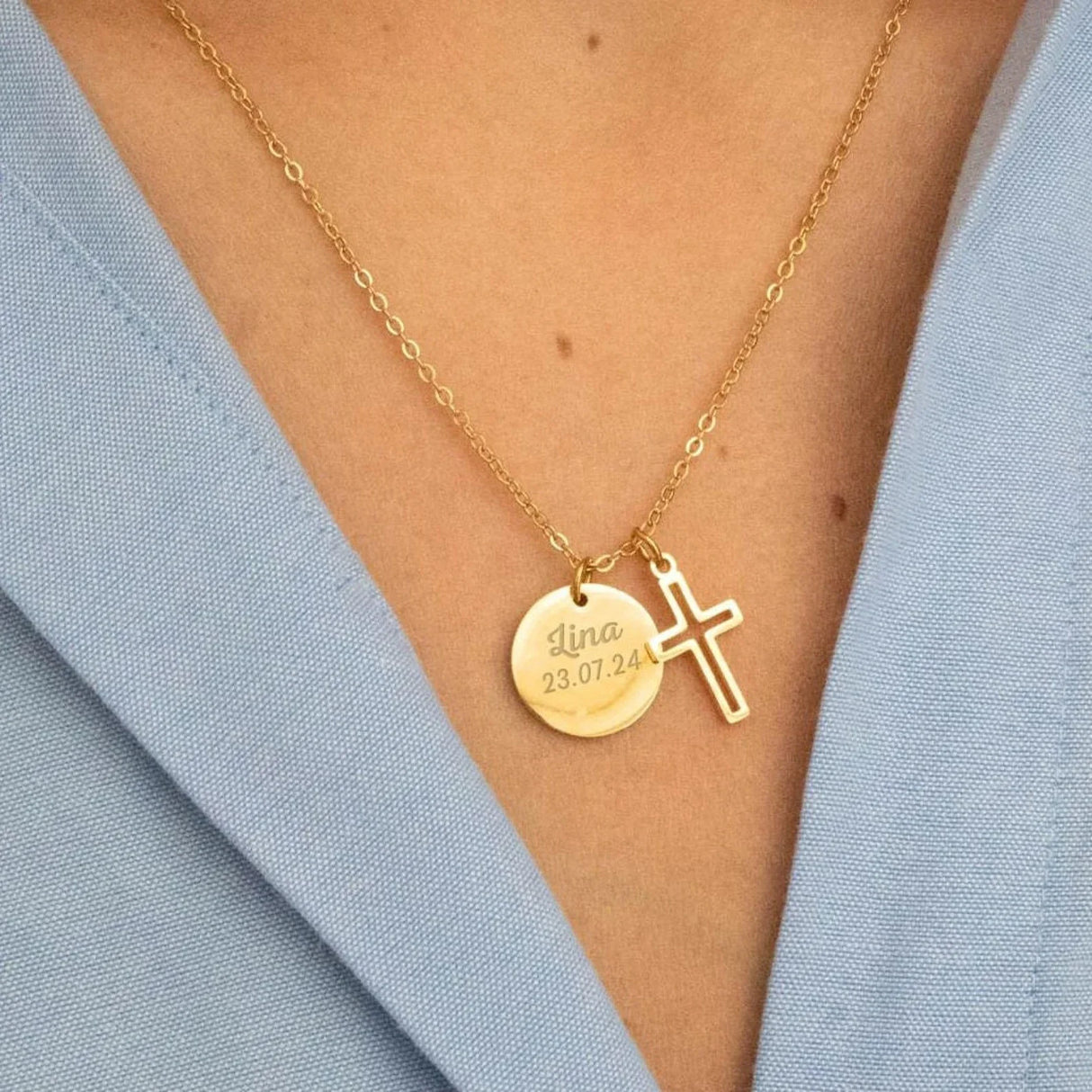 Collier croix chrétienne médaille à graver 15mm pendentif en acier inoxydable pour femme ou enfant