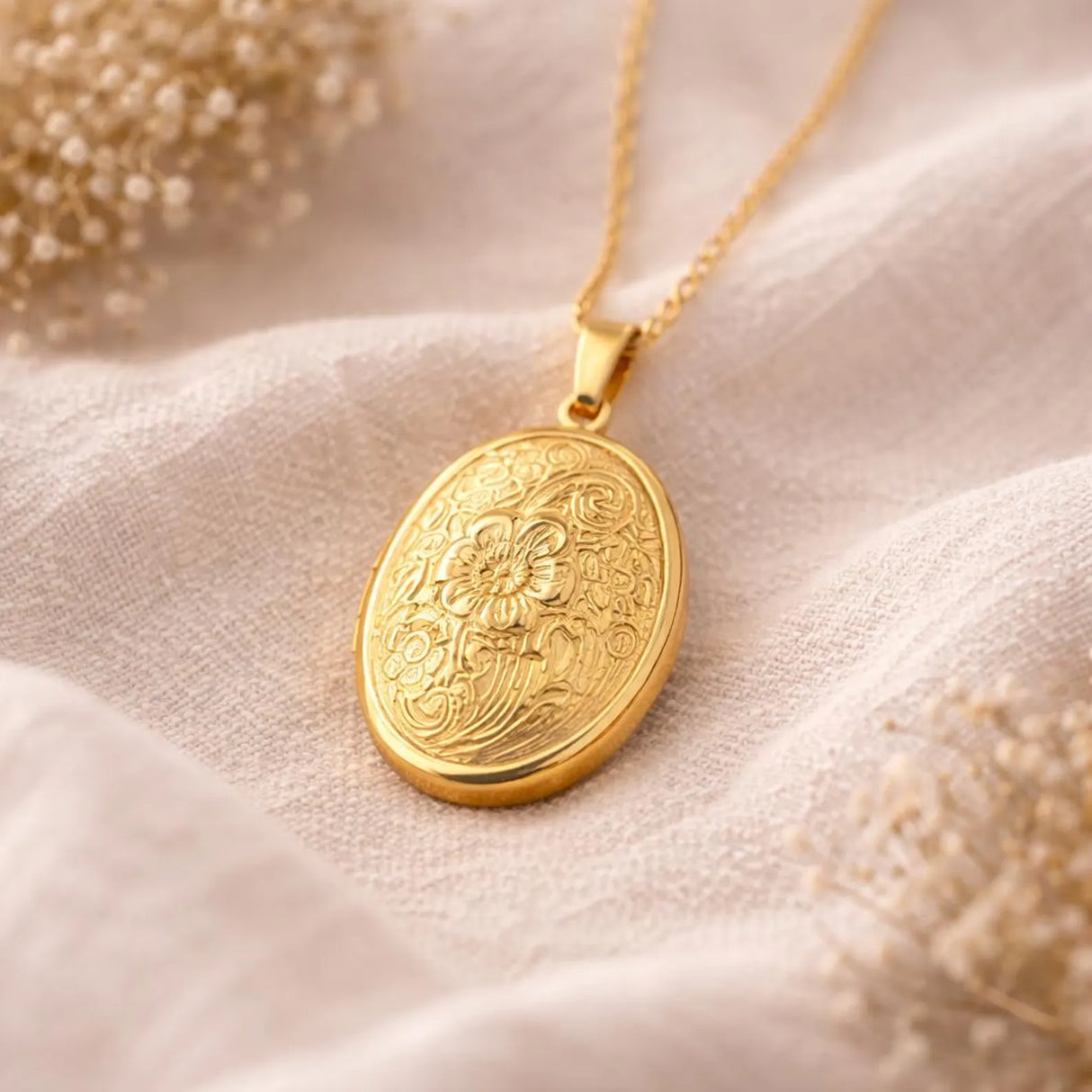 Collier photo personnalisé médaillon ovale motif fleur gravé acier inoxydable