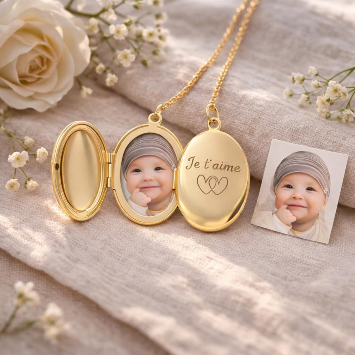 Collier photo personnalisé médaillon gravé ovale acier inoxydable