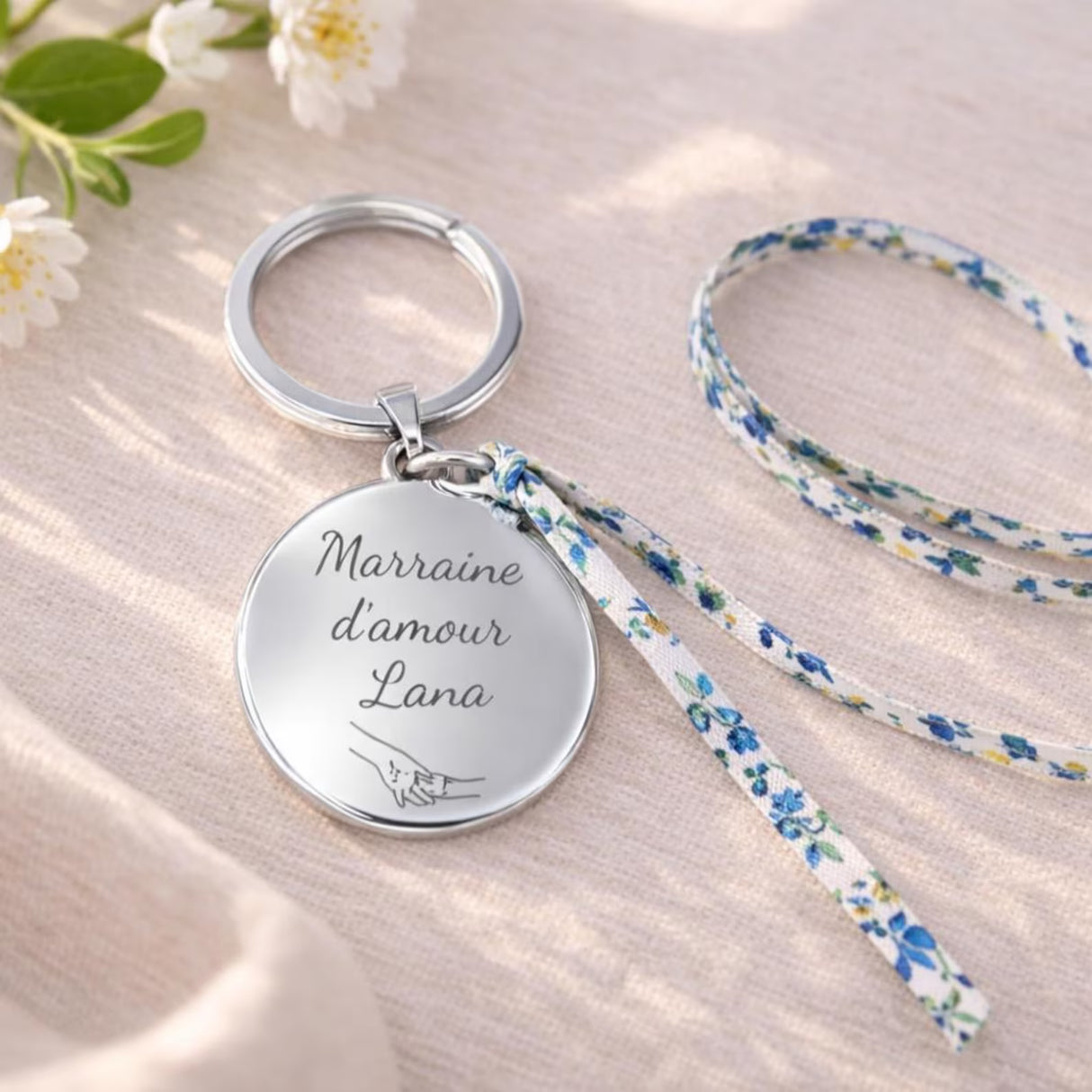 Porte-clés personnalisé médaille gravée cordon liberty