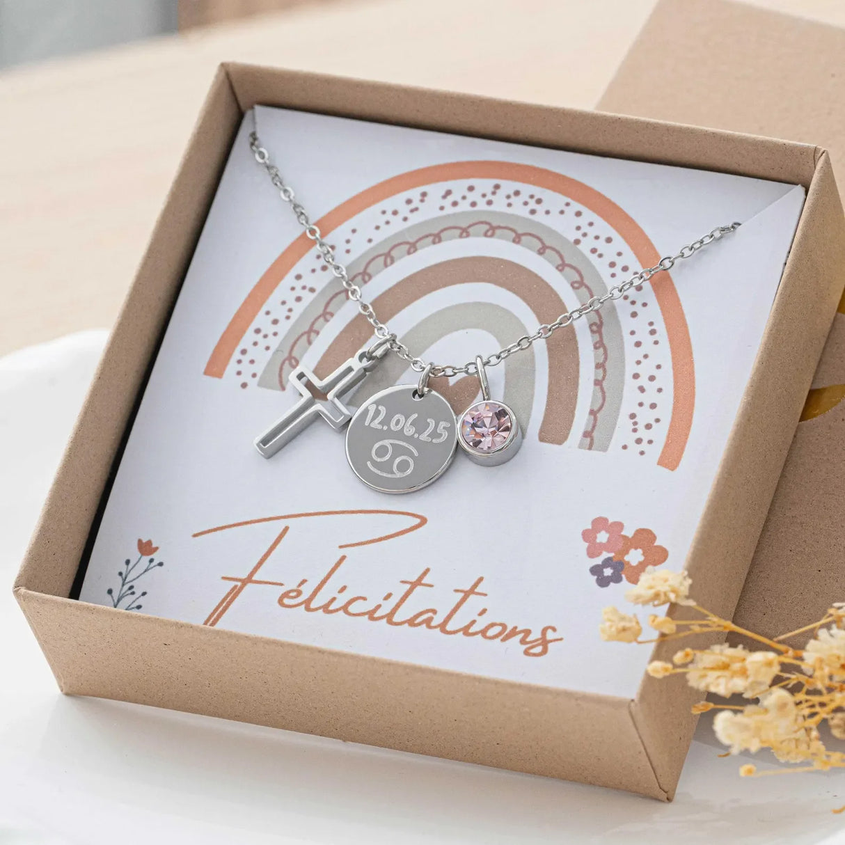 Collier avec pendentif croix chaîne de baptême avec gravure acier inoxydable argent cadeau filleul bijoux baptême communion confirmation