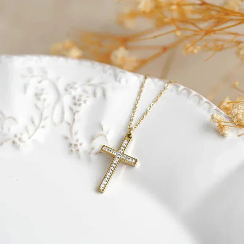 Collier croix chrétienne or strass acier inoxydable femme
