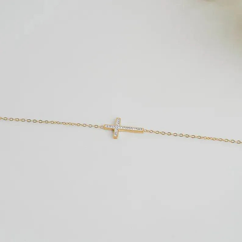Collier croix horizontale strass ras de cou or acier inoxydable