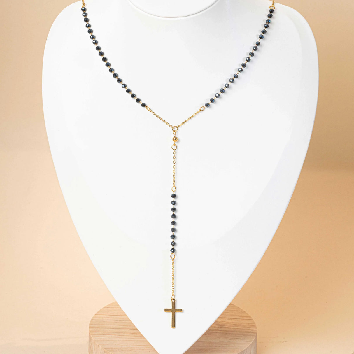 Collier croix chrétienne forme chapelet avec perles or pour femme en acier inoxydable