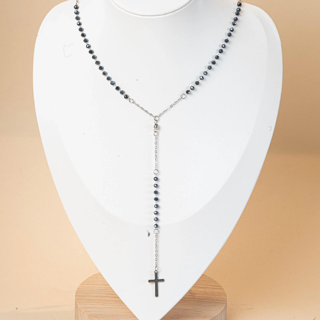 Collier croix chrétienne forme chapelet avec perles argent pour femme en acier inoxydable