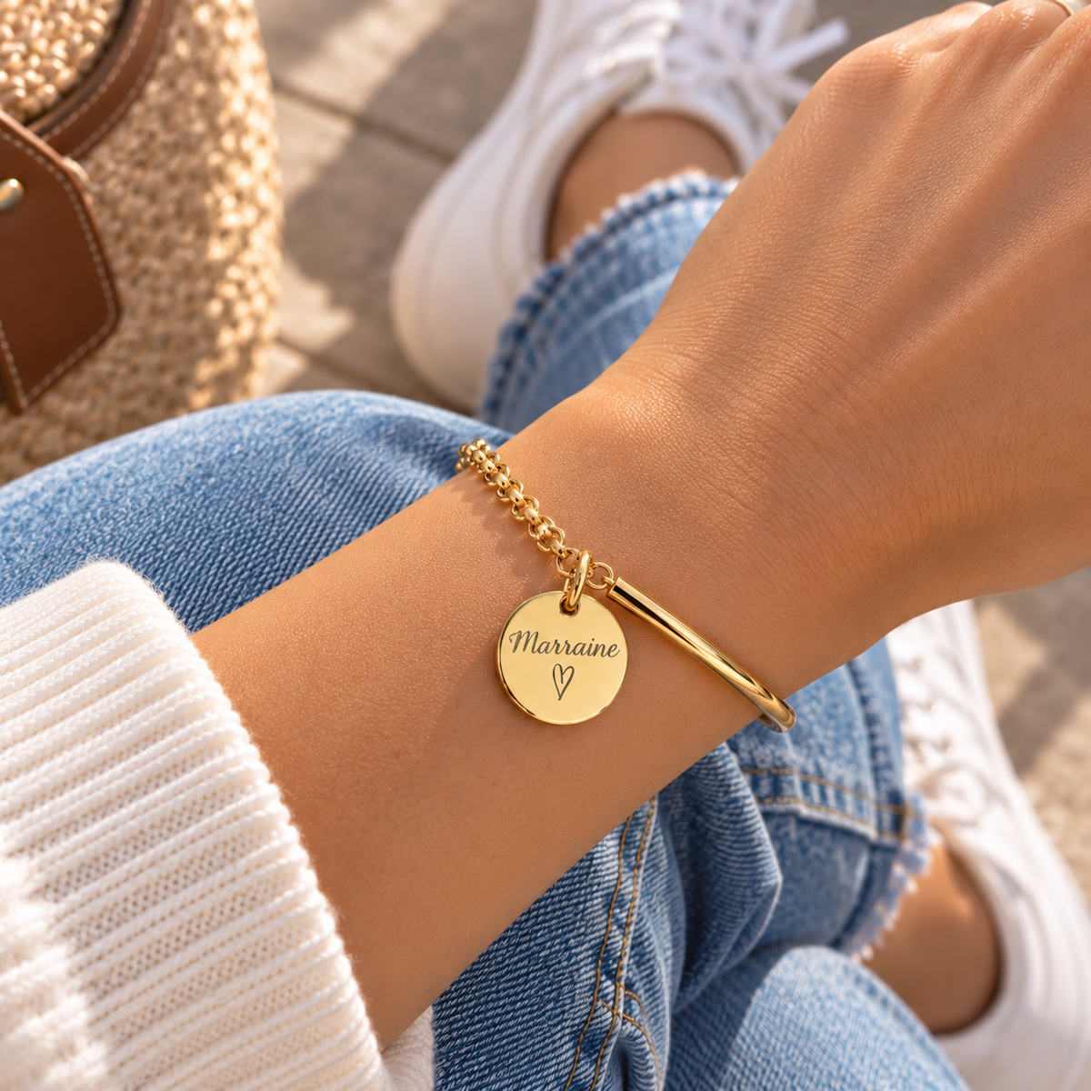 Bracelet demi jonc chaine médaille gravée personnalisé acier inoxydable