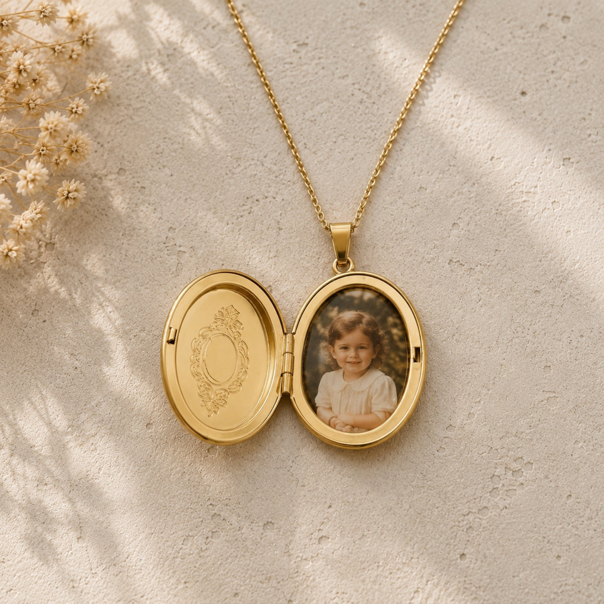 Collier photo personnalisé médaillon ovale motif gravé acier inoxydable