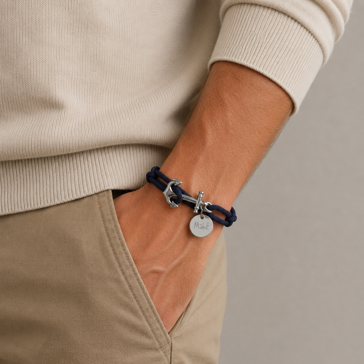 Bracelet Homme Ancre marine cordon personnalisé médaille gravée