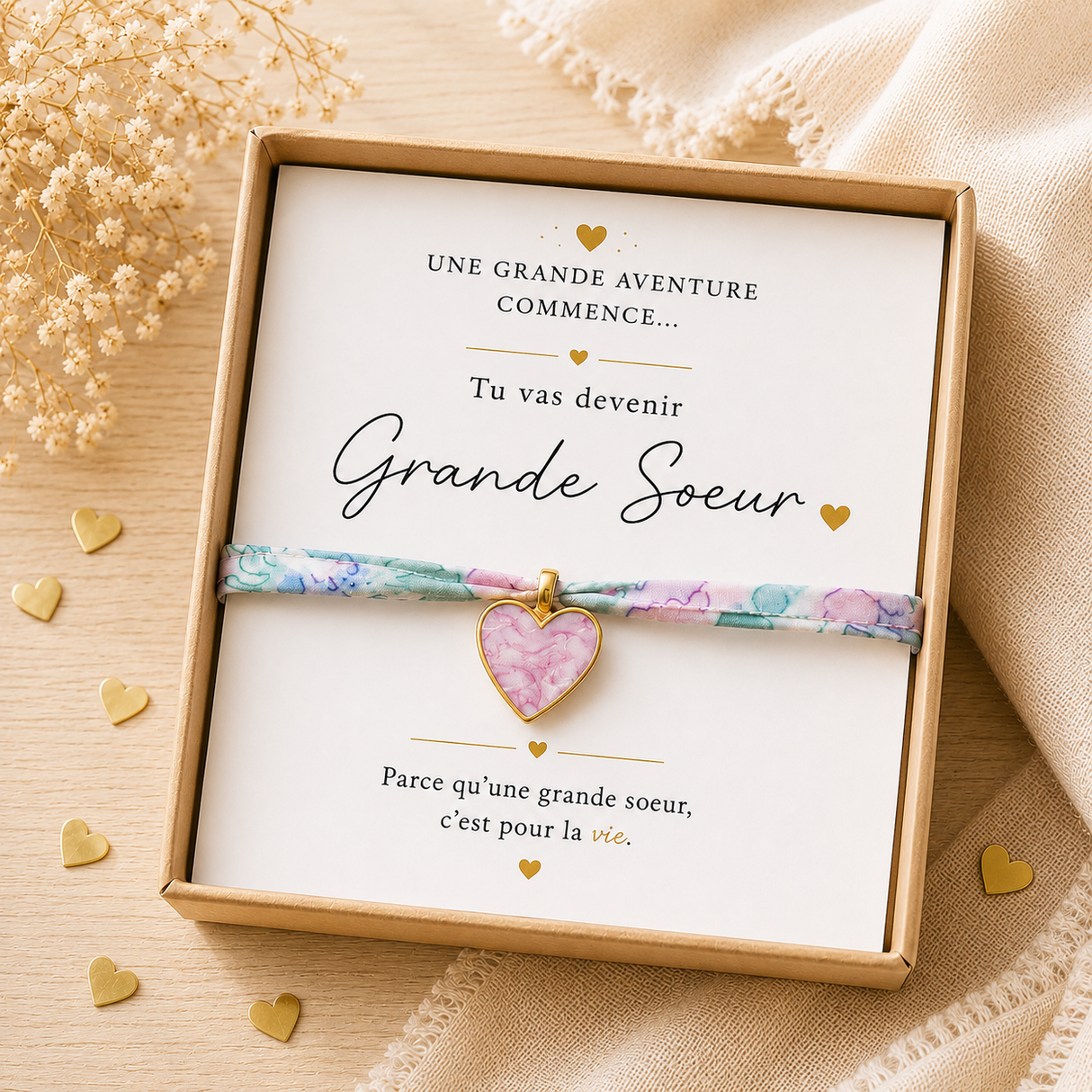 Annonce grossesse soeur - Bracelet future grande soeur – Cœur Émaillé sur Bracelet Liberty - Coffret cadeau