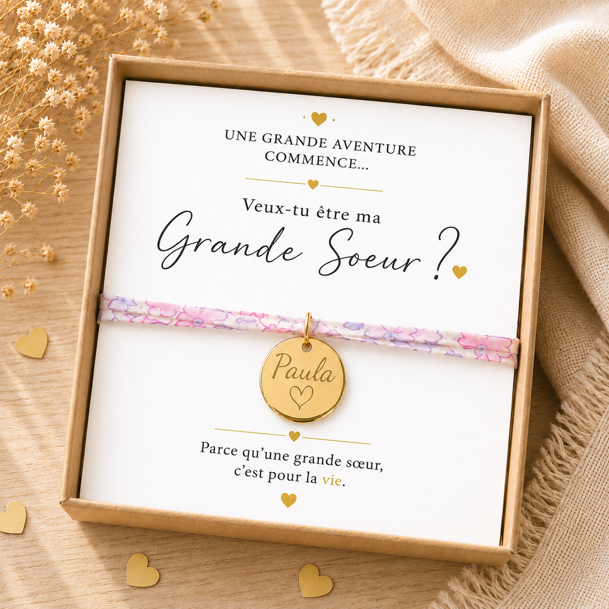 Annonce grossesse soeur - Bracelet future grande soeur – médaille gravée- Coffret cadeau