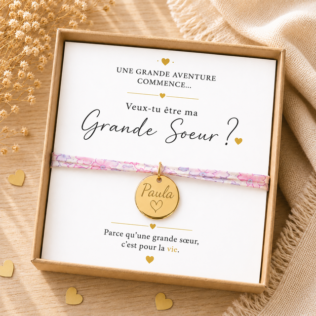 Annonce grossesse soeur - Bracelet future grande soeur – médaille gravée- Coffret cadeau
