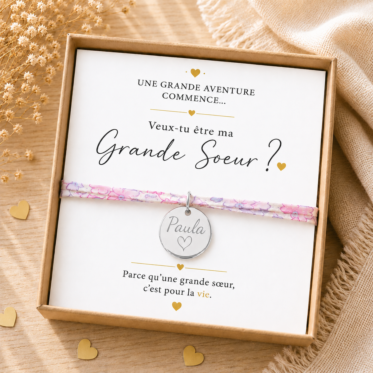 Annonce grossesse soeur - Bracelet future grande soeur – médaille gravée- Coffret cadeau