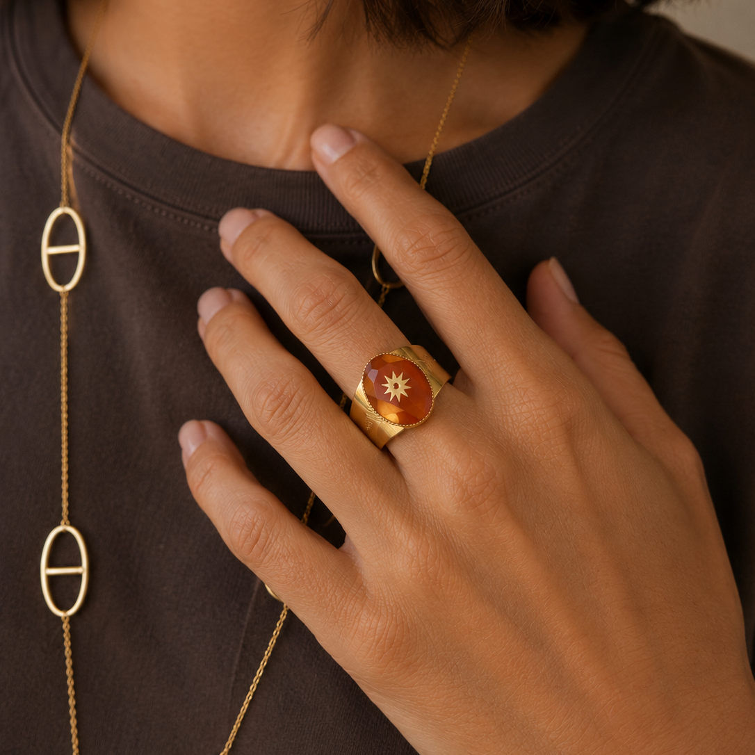 Bague avec pierre naturelle et étoile en acier inoxydable