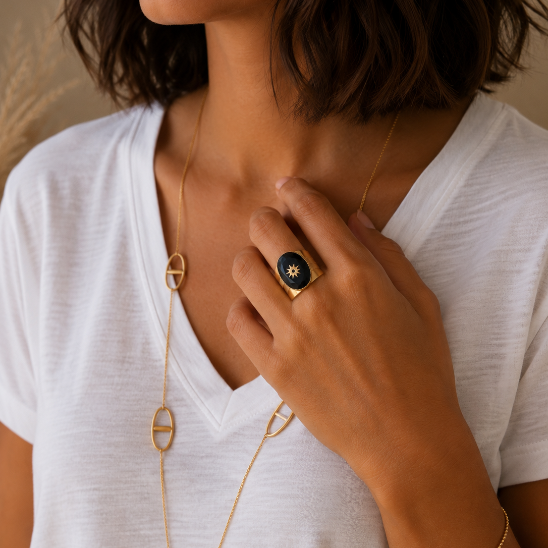Bague avec pierre naturelle et étoile en acier inoxydable