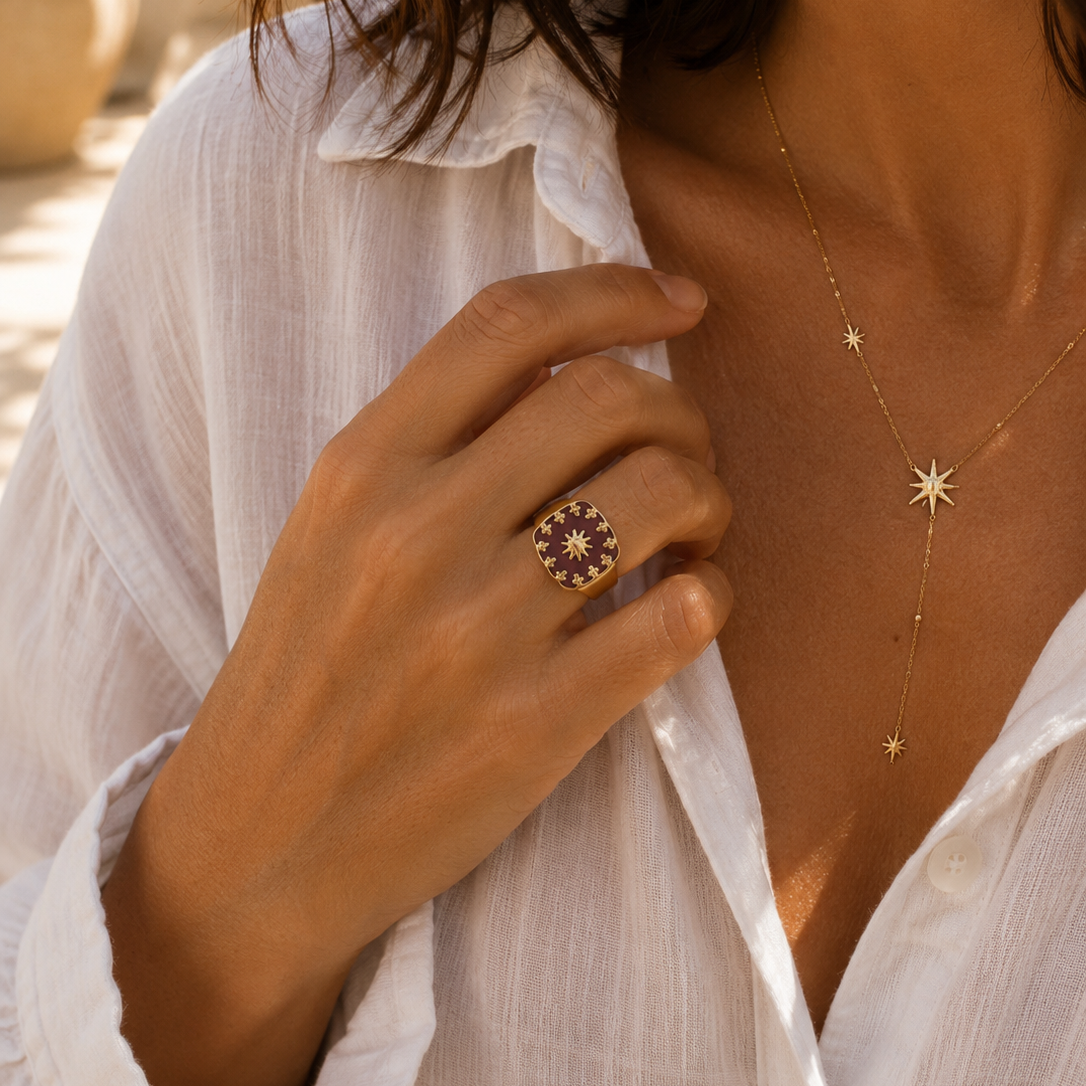 Bague émaillé pierre carré en acier inoxydable