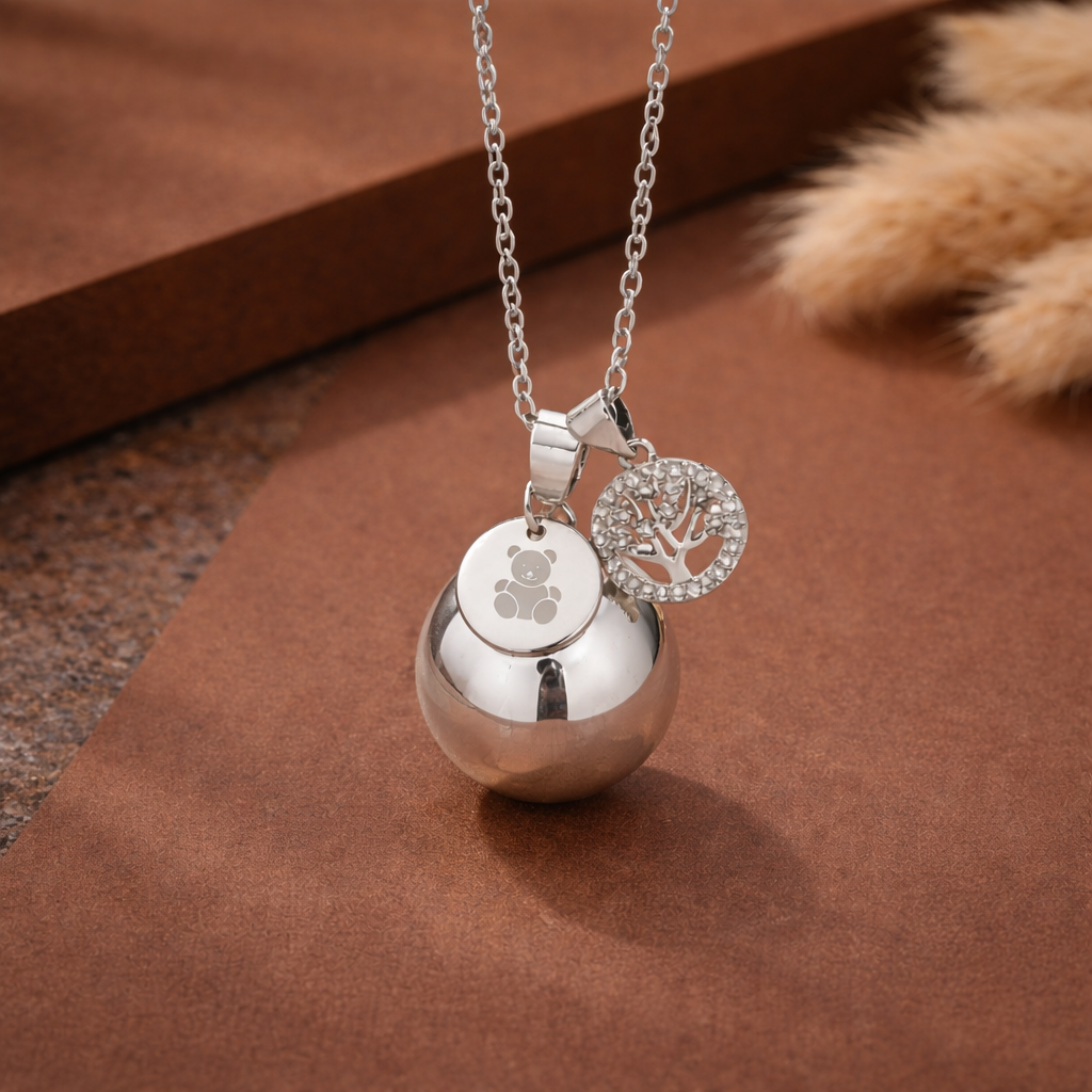 Bola de grossesse argenté lisse médaille à graver arbre de vie strass