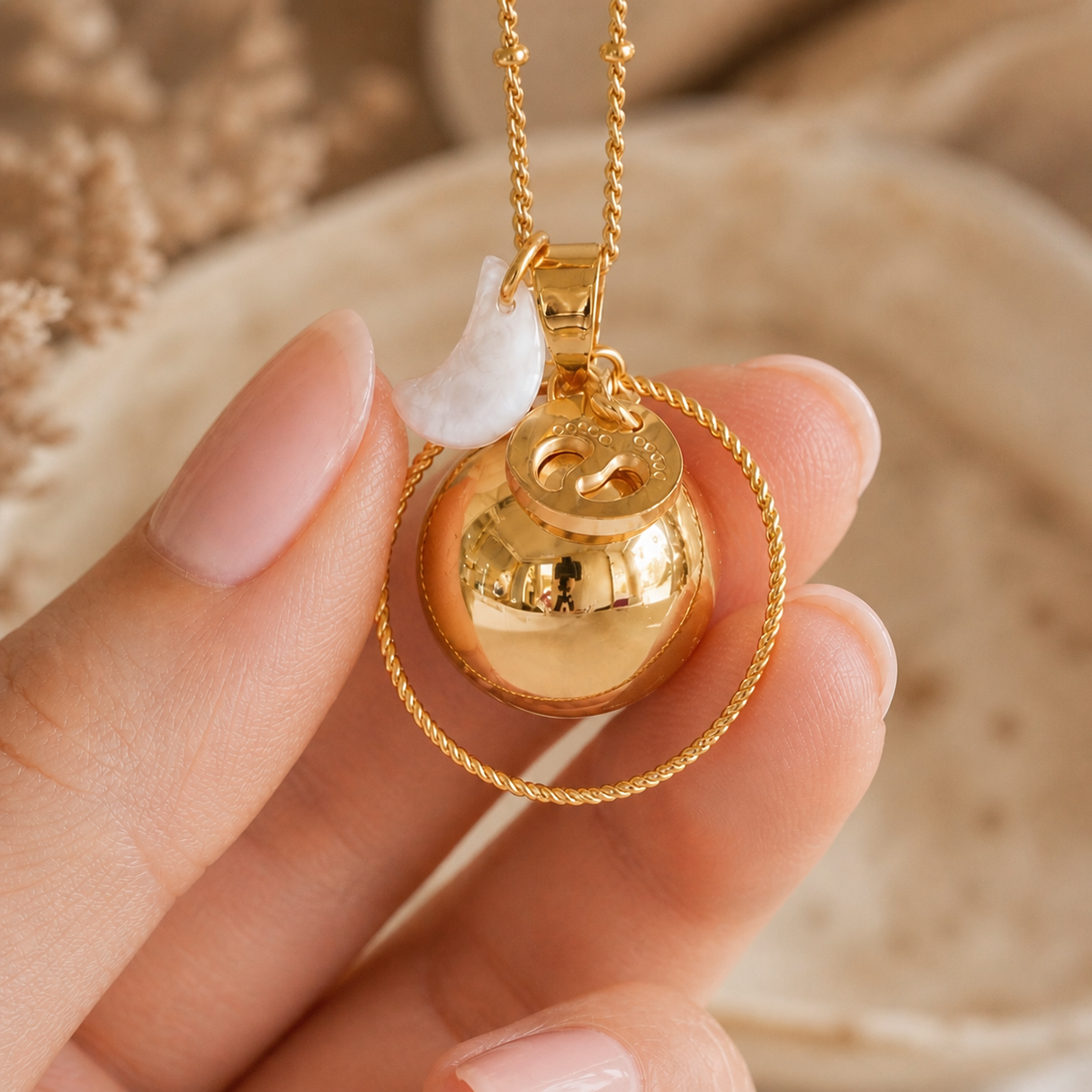 Bola de grossesse doré lisse breloque lune nacre empreinte anneau