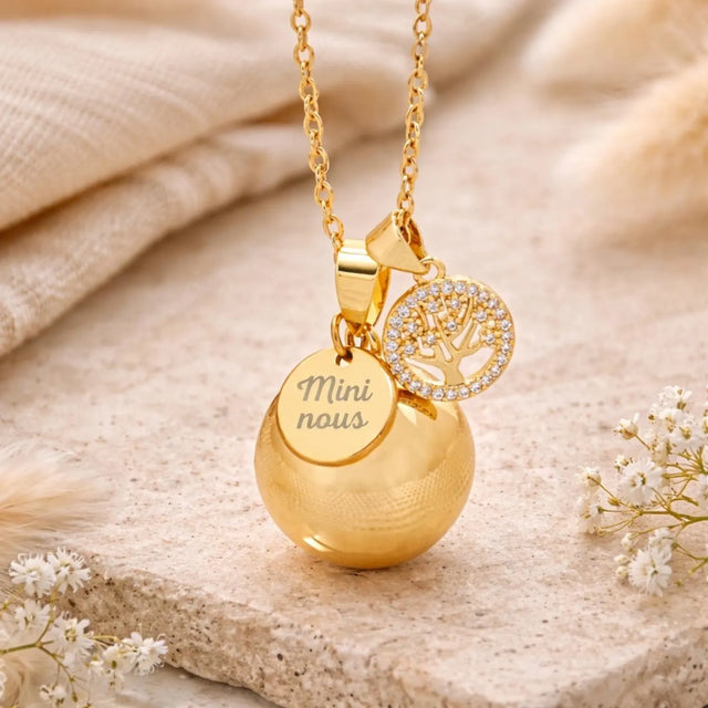 Bola de grossesse doré lisse médaille à graver arbre de vie strass