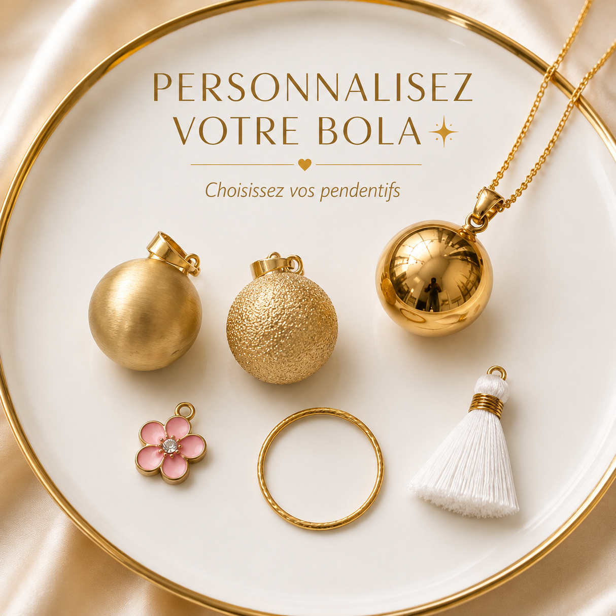 Bola de grossesse doré personnalisable – Collier femme enceinte avec pendentifs au choix