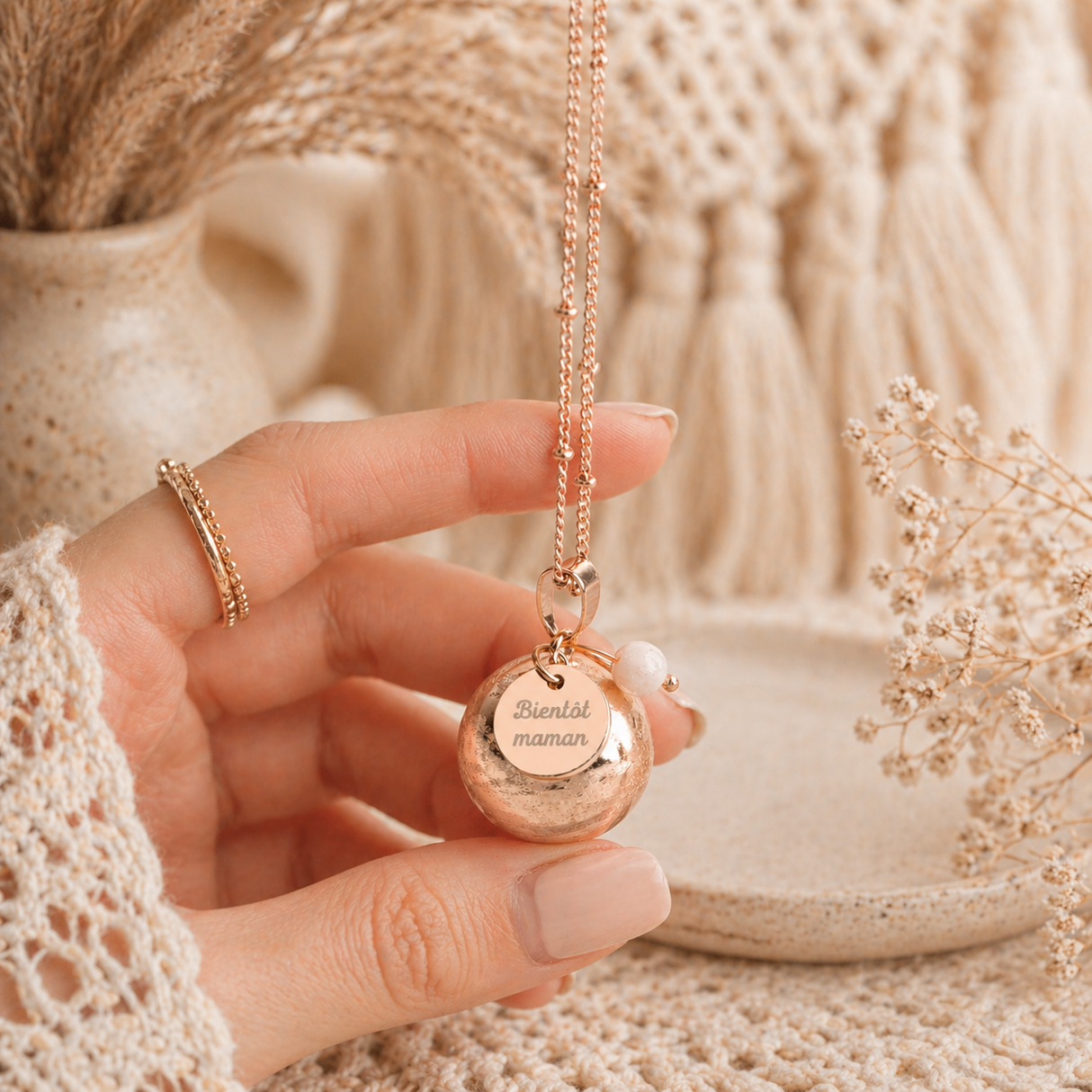 Bola de grossesse doré rose brossé médaille à graver perle pierre de lune