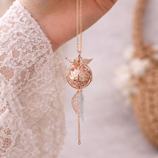 Bola de grossesse doré rose cage ange anneau pendentif feuille plume