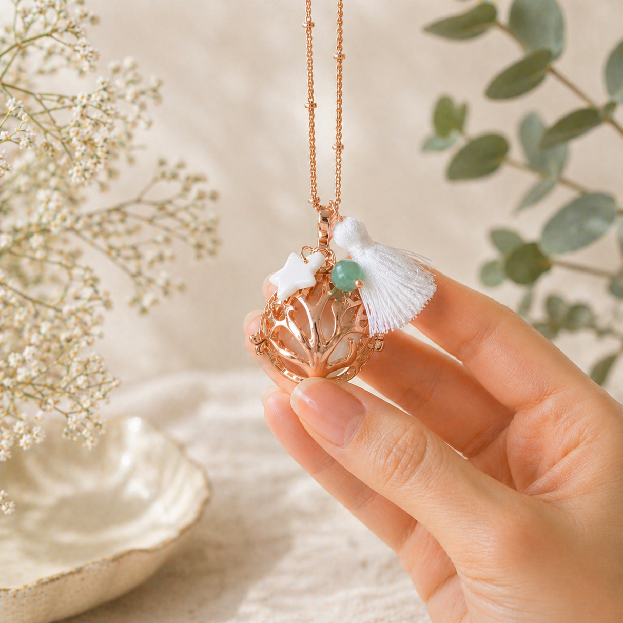 Bola de grossesse doré rose cage arbre étoile nacre perle aventurine pompon