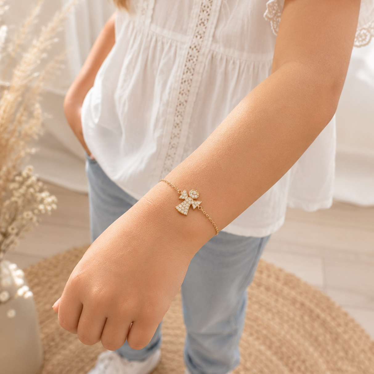 Bracelet Ange Baptême Fille Doré ou Argenté– Bracelet Enfant Acier Inoxydable – Cadeau Baptême – Bijou Communion – Idée cadeau coffret