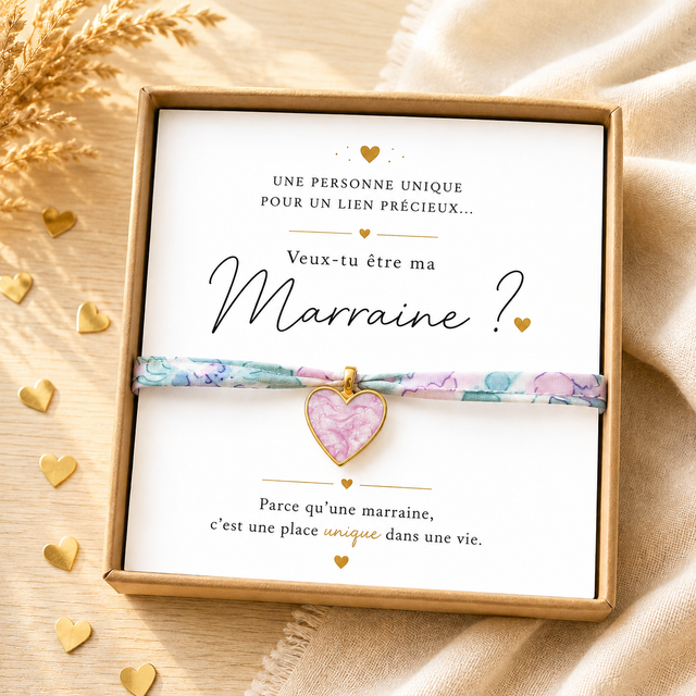 Bracelet Demande Marraine – Cœur Émaillé sur Bracelet Liberty - Coffret cadeau