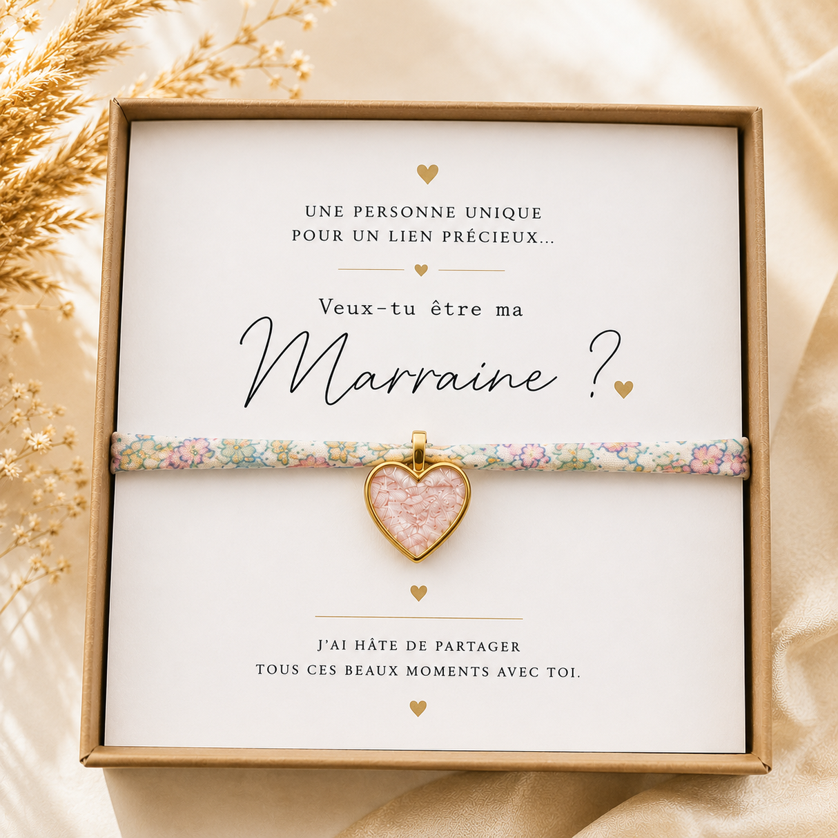 Bracelet Demande Marraine – Cœur Émaillé sur Bracelet Liberty - Coffret cadeau