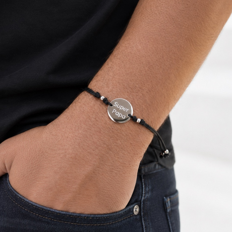 Bracelet Homme cordon noir personnalisé médaille gravée ajustable