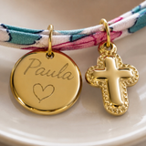 Bracelet Liberty personnalisé avec médaille gravée et croix dorée