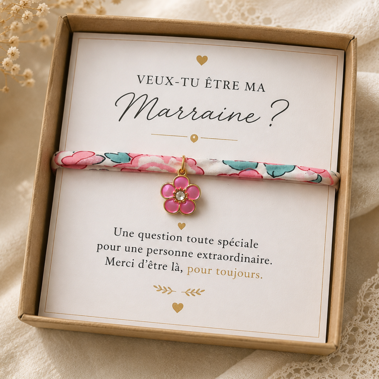Bracelet annonce grossesse marraine étoile fleur personnalisé, cadeau demande marraine, coffret