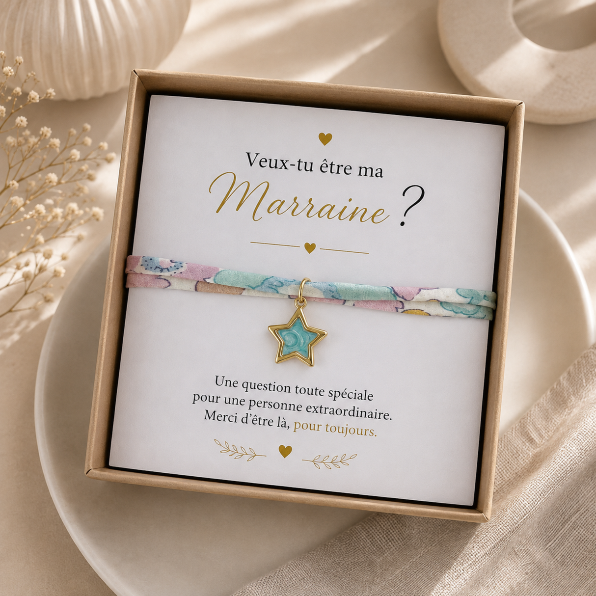 Bracelet annonce grossesse marraine étoile fleur personnalisé, cadeau demande marraine, coffret
