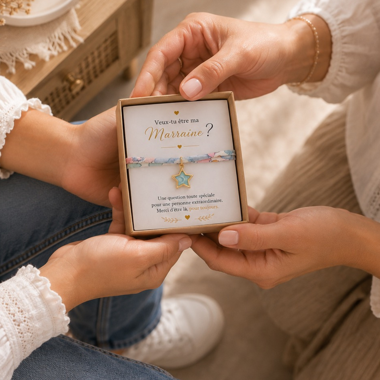 Bracelet annonce grossesse marraine étoile fleur personnalisé, cadeau demande marraine, coffret